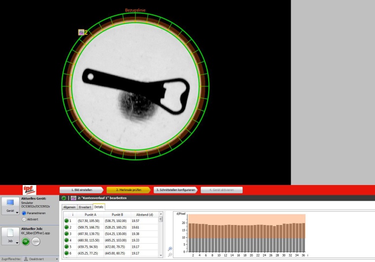 Bei der Merkmalsprüfung Kantenverlauf wurden insgesamt 36 Suchstrahlen...
