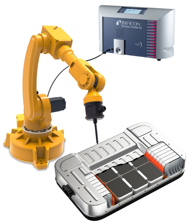 Roboterschnüffellecksuche an einem Battery-Pack. (Quelle: INFICON)