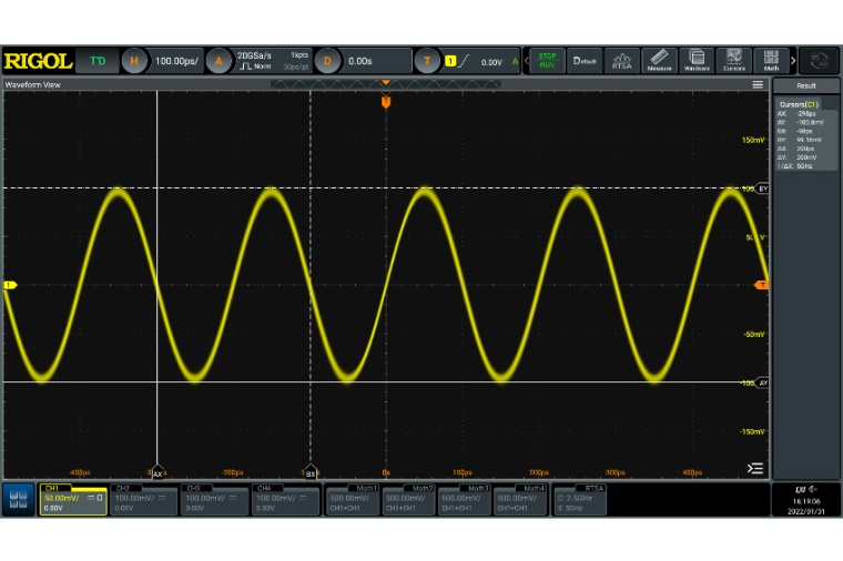 Abb. 1: Vermessung eines 5-GHz-Signals (-10 dBm) mit dem DS70504. Bild: Rigol