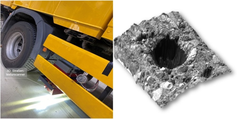 Links: Detailansicht des AIT-Roadstar-LKW, der den Straßenzustand mit einem...