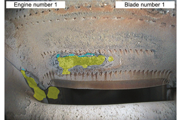 Die Software des Videoskops kartiert die Turbinenschaufel wie ein Gesicht und...