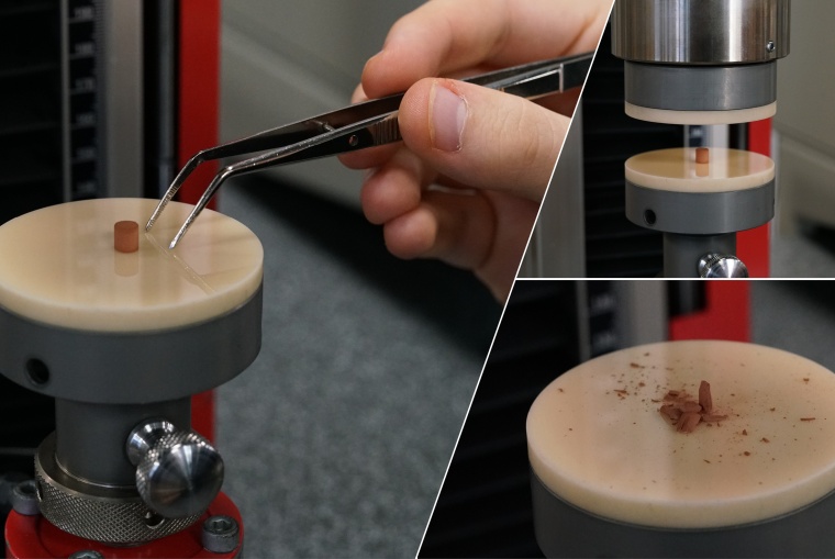 Kombination mit Detailaufnahmen der Regolith-Probe im Druckversuch. (Bild:...