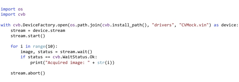 This simple CVBpy ‘hello world’ example shows the code required to acquire...