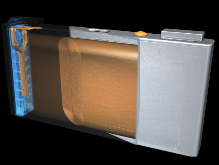 3D visualization of a CT scan of a battery pack containing a prismatic cell...