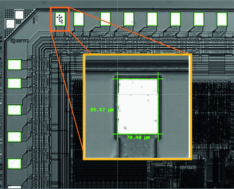 Image processing is used here to measure the contact points (pads) on the chips...