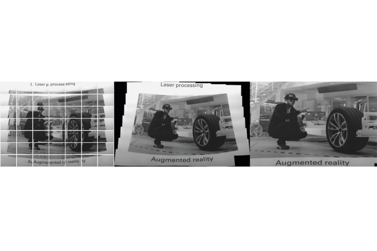 Workflow from the acquired raw images (A) to stitched (B) and distortion...