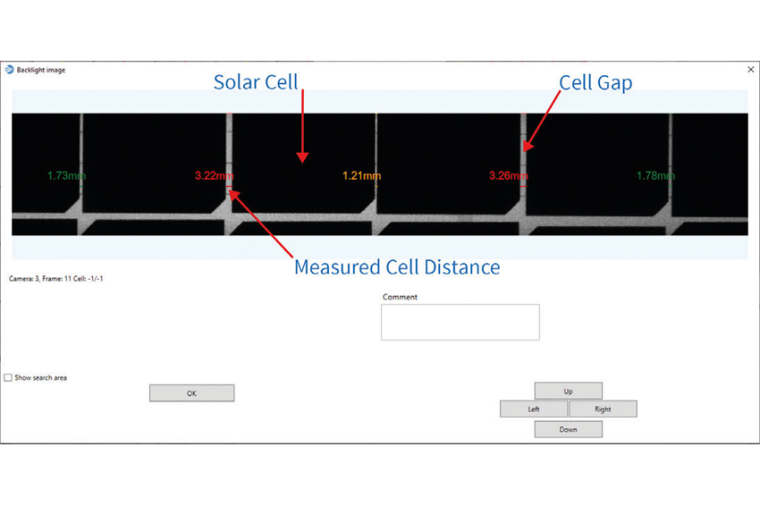 Cell gap measurements with ­automatic judgment: A solar module showing gap...
