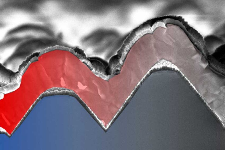 A thin layer of perovskite (red) covers the wavy substrate of a silicon solar...