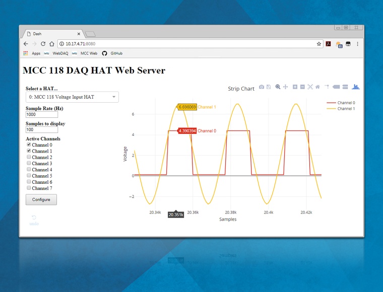 Screenshot des MCC 118-DAQ-HAT-Web-Server