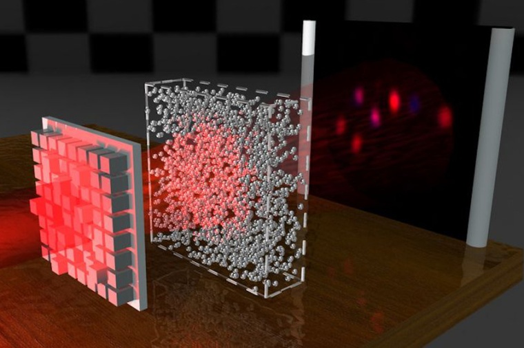 The beam of light passes through a disordered medium and projects the same...