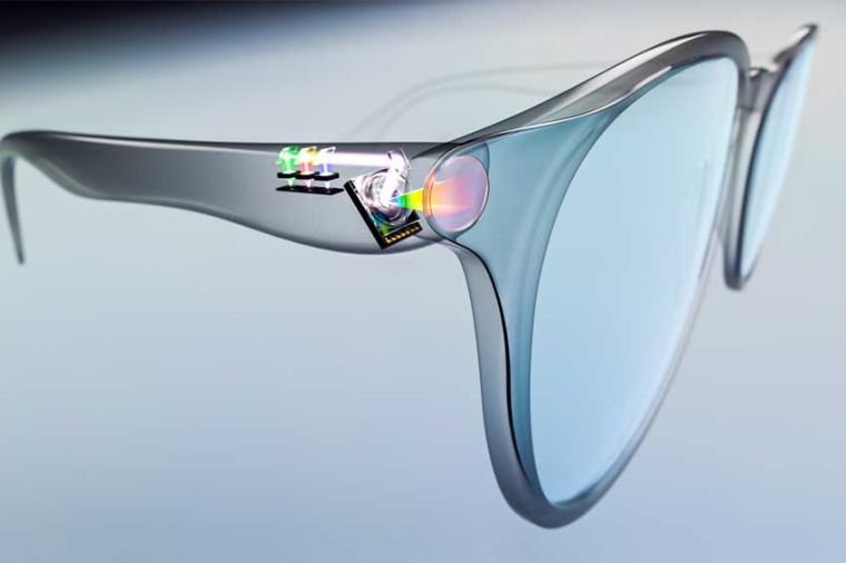 Silicon micromirrors project images and data onto the glasses. (Source:...