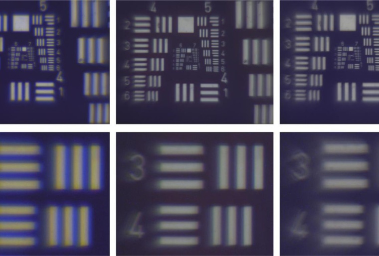 In tests of the new lenses, the reference lens (left) shows color seams due to...