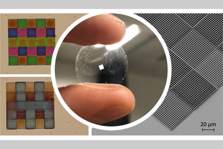 3D-printed microscopic gas sensor: The glass substrate showing the colorful...