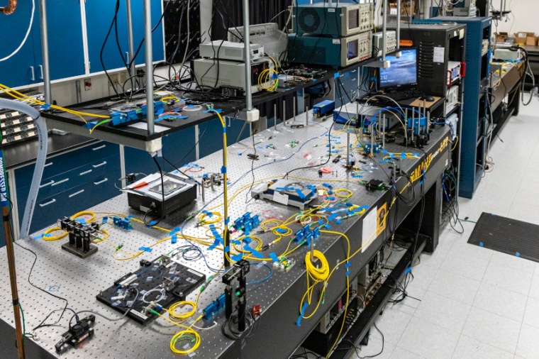 Image of the quantum equipment, where the photon source and the first node in...