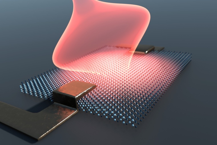 A quasi-two-dimensional crystal placed between contacts is excited by a laser...