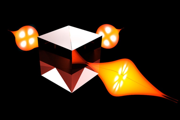 Conceptual image displaying the input photons bunching into a two-photon...
