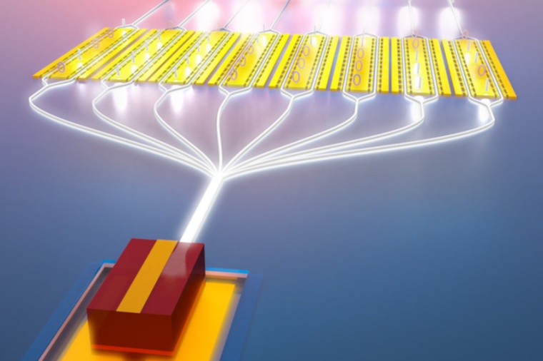The on-chip laser is combined with a 50 gigahertz electro-optic modulator in...