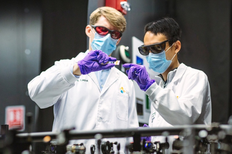 Frédéric Laquai (left) and Ming-Cong Wang study perovskite solar cells in the...