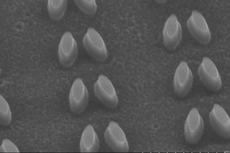 An SEM image of the silicon nano­resonators patterned onto a quartz substrate...