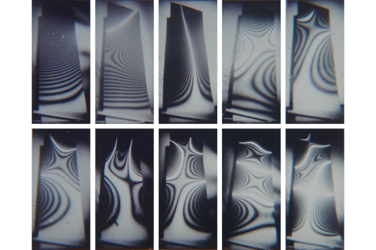 Holographic interferometry: Ten vibration modes of a jet engine turbine blade....