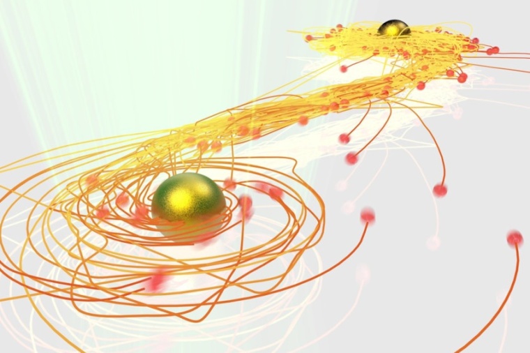 Illustration of two self-organized lasers interacting, and exchanging particles...