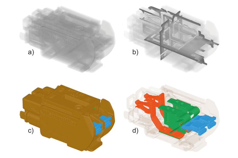 Volume of a connector a), volume sections b), point cloud of the plastic...