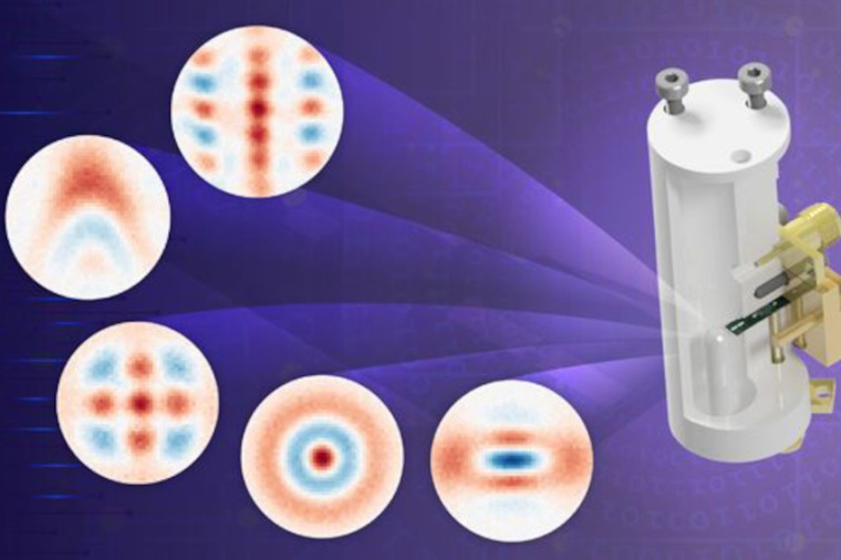 Illustration of the aluminum resonator to the right. The blue and red patterns...