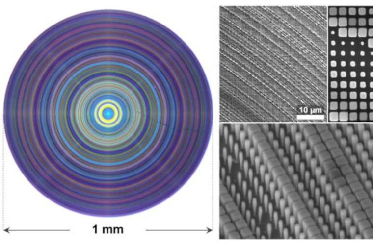 An optical microscope image of the fabricated metaoptic (l.) placed in front of...