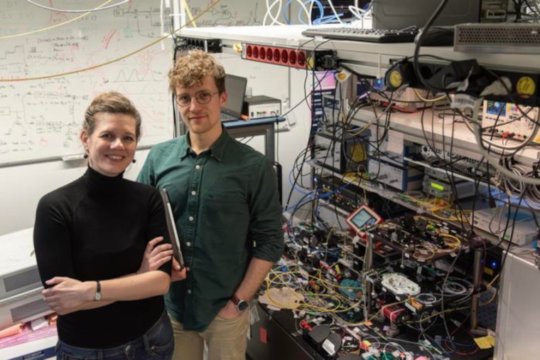 Birgit Stiller and Steven Becker work on photonic computation with sound waves....