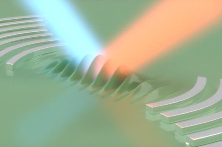 Beams of light are shined on a surface acoustic wave resonator, where their...