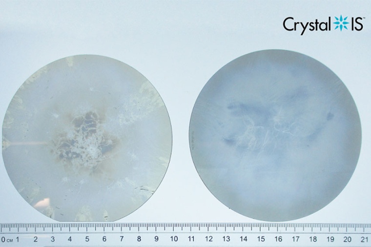 Comparison of Crystal IS 100 mm bulk AlN substrate from CY24 Q1 (left) with 90...