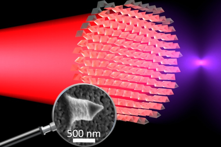 Infrared light passes through the metal lens and is converted into violet light...